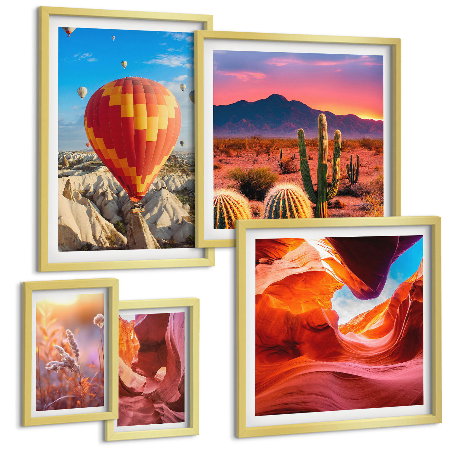 BILDER SET 5er Set - 50x50 cm & 20x30 cm & 40x60 cm Goldrahmen - Landschaften von Wüstenschluchten - Goldfarben, Kunststoff (40/60cm) - TULUP