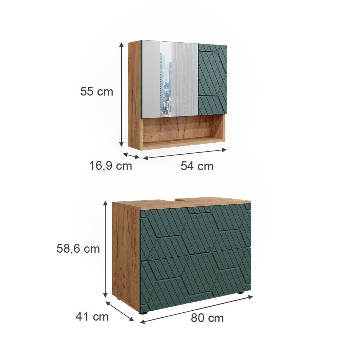 BADMÖBEL-SET Irma Grün 2 Teile - Honigeiche/Grün, Holzwerkstoff (80/58.6/41cm) - Vicco