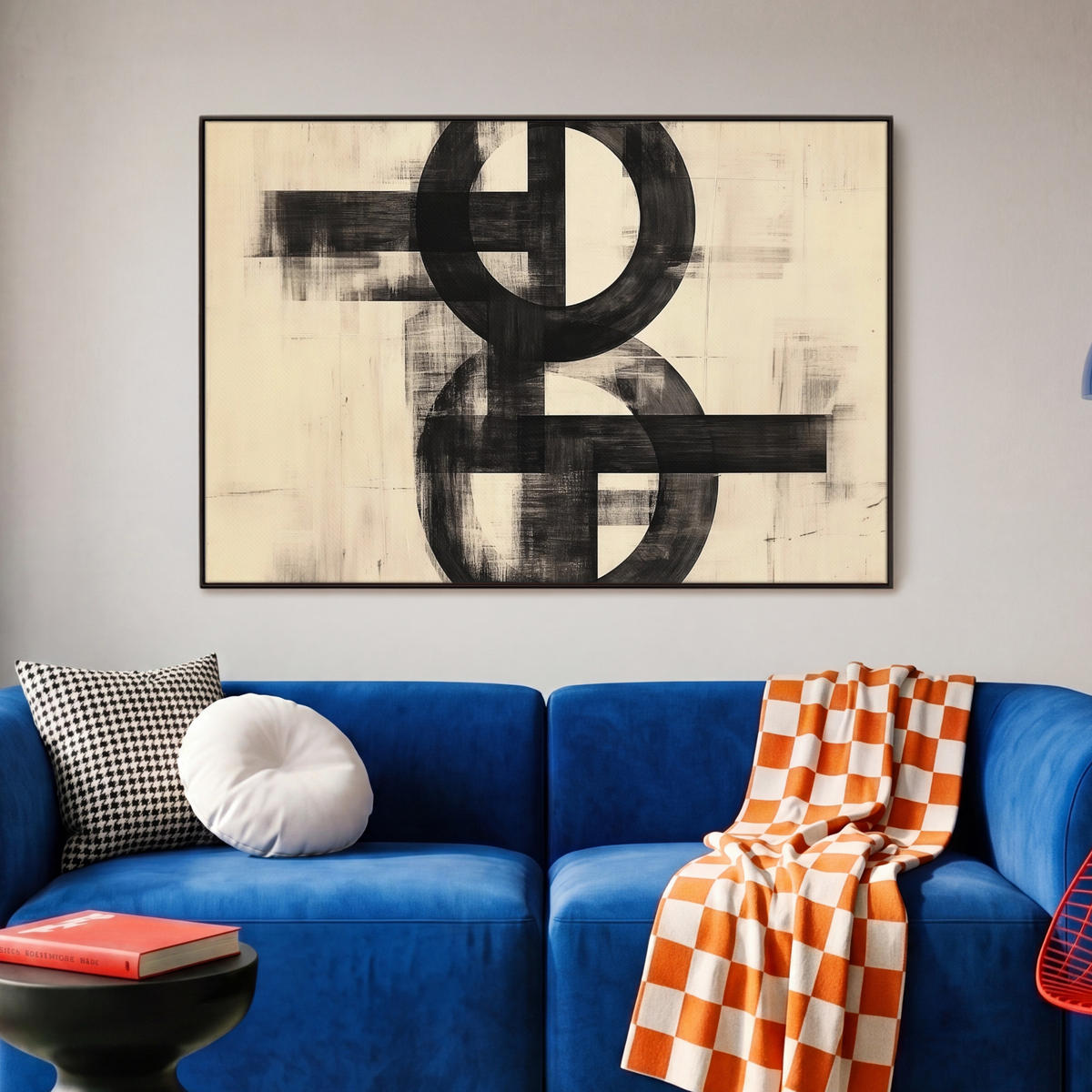 LEINWAND Bilder mit Rahmen - Kreise - Balken - Schwarz - Abstrakt - 90x60 - Schwarz, Textil (90/60cm) - MuchoWow