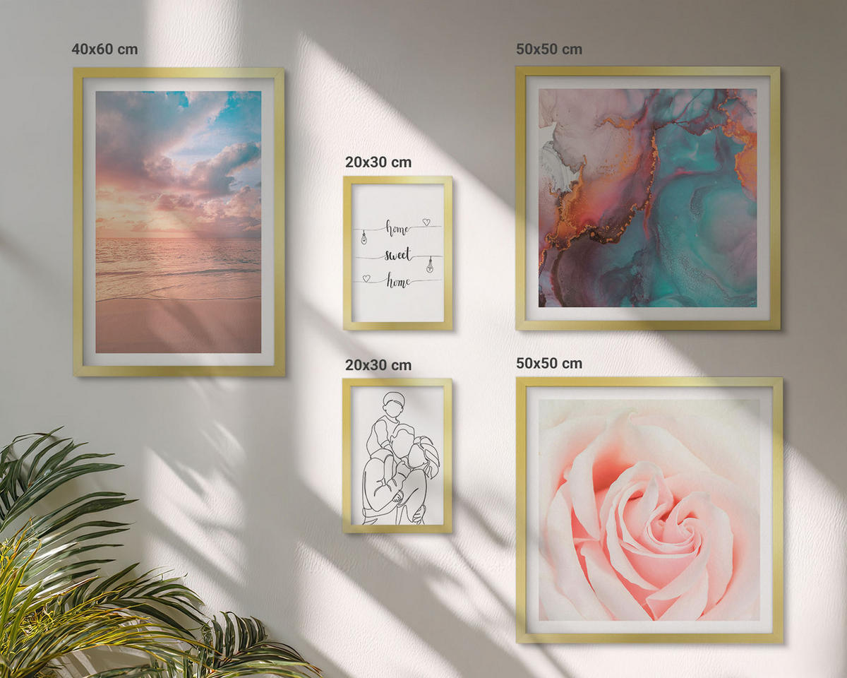 WANDBILDER 5er Set - 50x50 cm & 20x30 cm & 40x60 cm Goldrahmen - Blumenfamilie minimalistisch - Goldfarben, Kunststoff (40/60cm) - ArtPrintCave