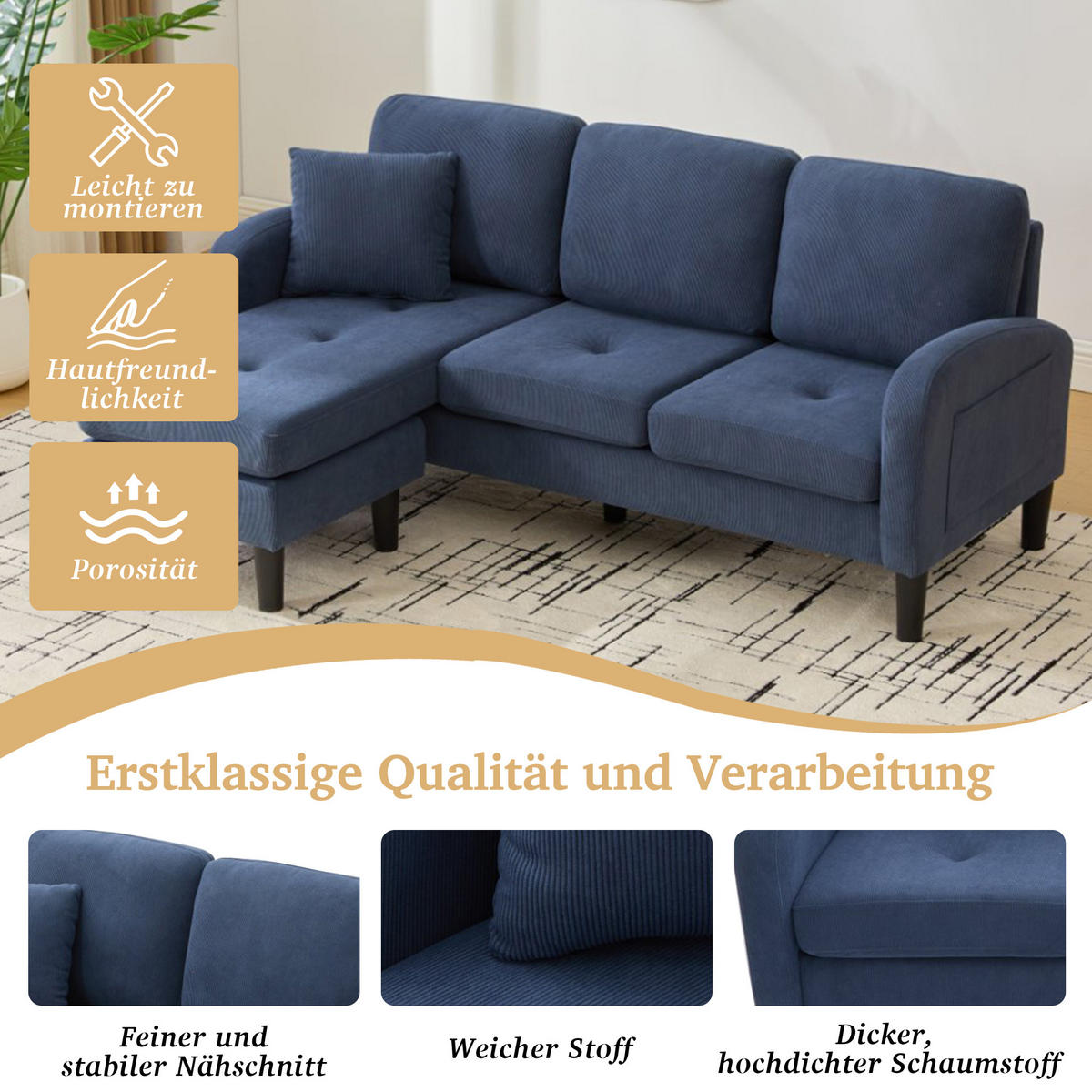ECKSOFA 166/118/77 cm Blau mit Chaiselongue - Blau, Textil (166/118cm) - Oxeza