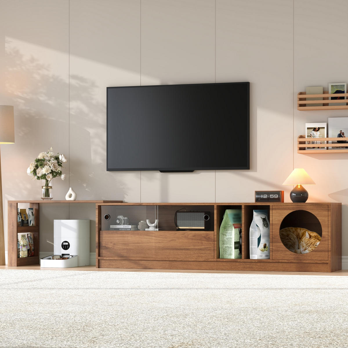 TV-SCHRANK aus MDF und Glas 180x40x50 cm Nussbaum drehbar, ausziehbar mit Katzenruhebereich - Walnussfarben, Holzwerkstoff (180/50/40cm) - Modfu