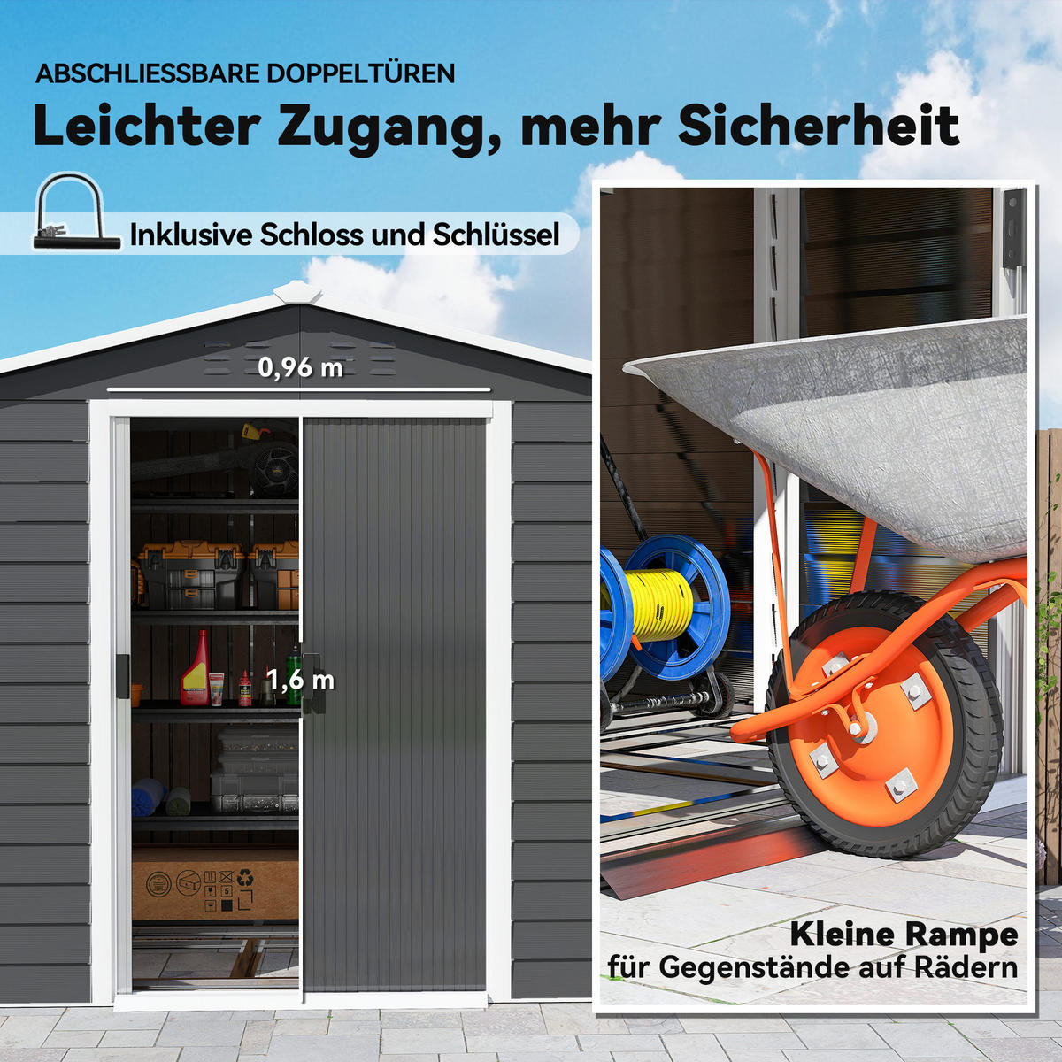 GERÄTEHAUS 4,4 m² Gartenhaus mit Pultdach, Schiebetür, Fundament Geräteschuppen - Dunkelgrau, Metall (206/198/240cm) - Outsunny