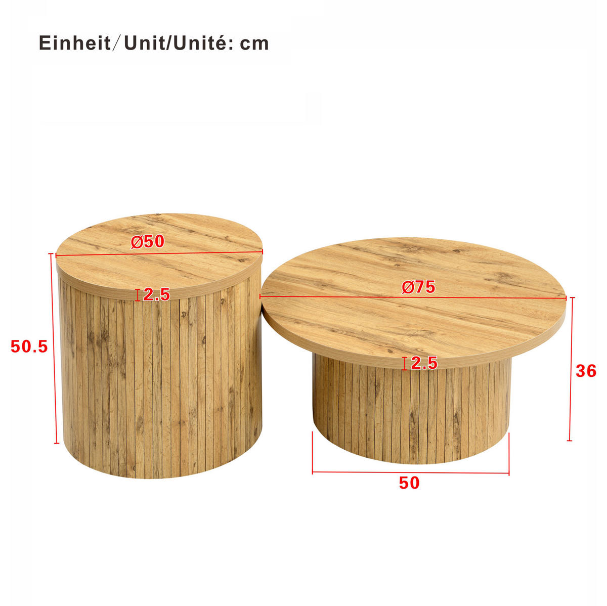 KLUB stolić set 75/75/36 i 50/50/50,5 cm prirodna boja od MDF-a s modularnim okruglim dizajnom - prirodne boje, drvni materijal (75/75/36cm) - OKWISH