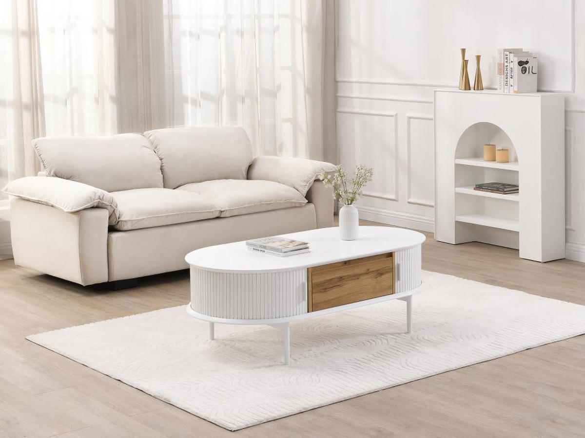 COUCHTISCH mit 2 Schiebetüren & 1 Schublade - MDF - Weiß & Holzfarben - VELURANI - Naturfarben, Holz (120/60/42cm) - Vente-Unique