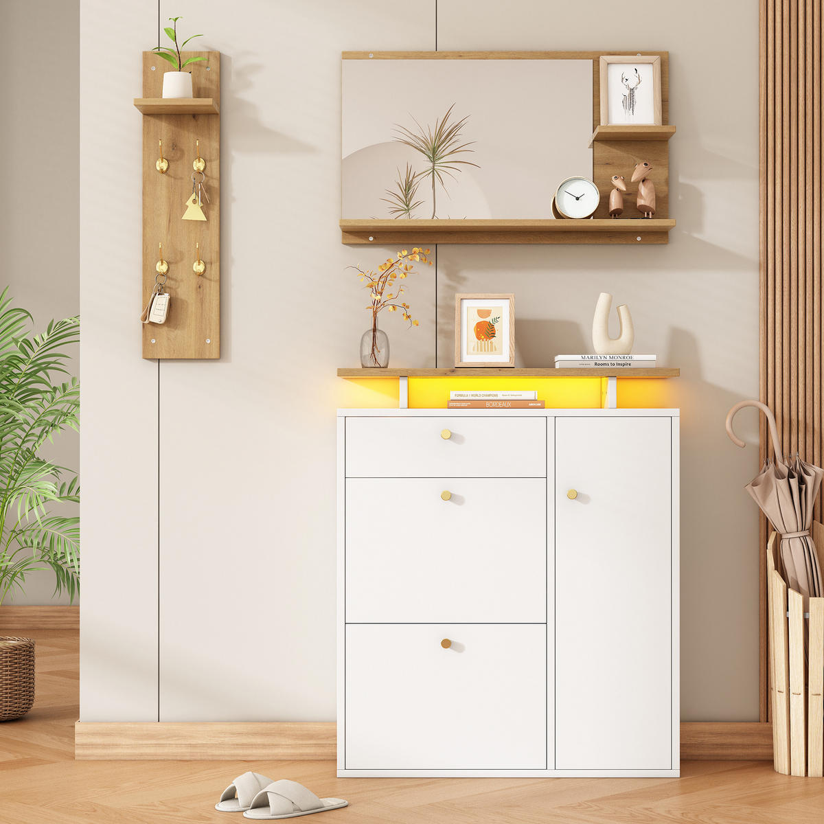 GARDEROBE-SET in Weiß Schuhschrank mit Spiegel , Hutablage , LED und 4 Haken für Flur , B105/T25/H151.5cm - Weiß, Holzwerkstoff (85/101.5/25cm) - STILVORA