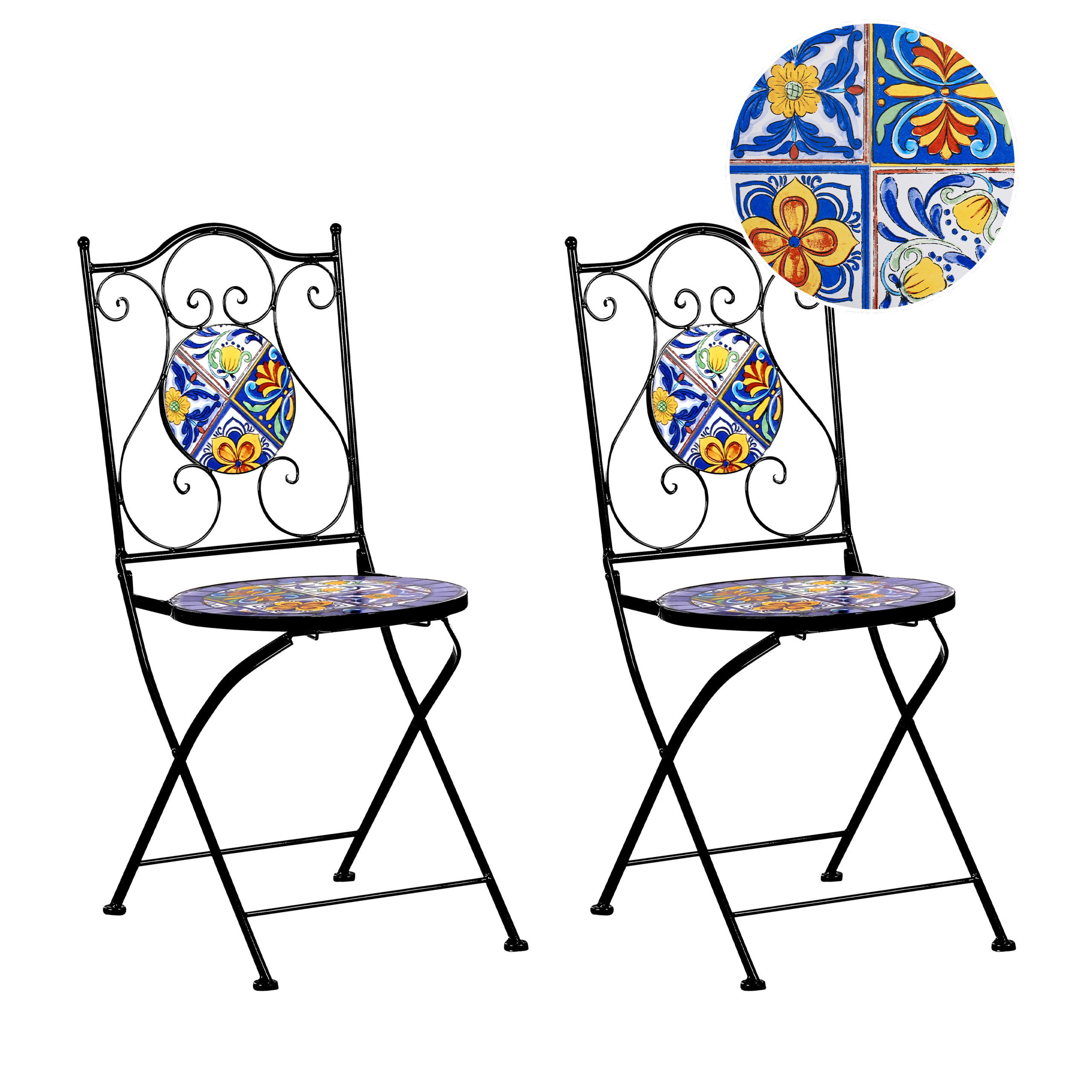 GARTENSTUHL 2er Set klappbar Metall Schwarz Coriano - Blau/Schwarz, Metall (40/90/45cm) - Beliani