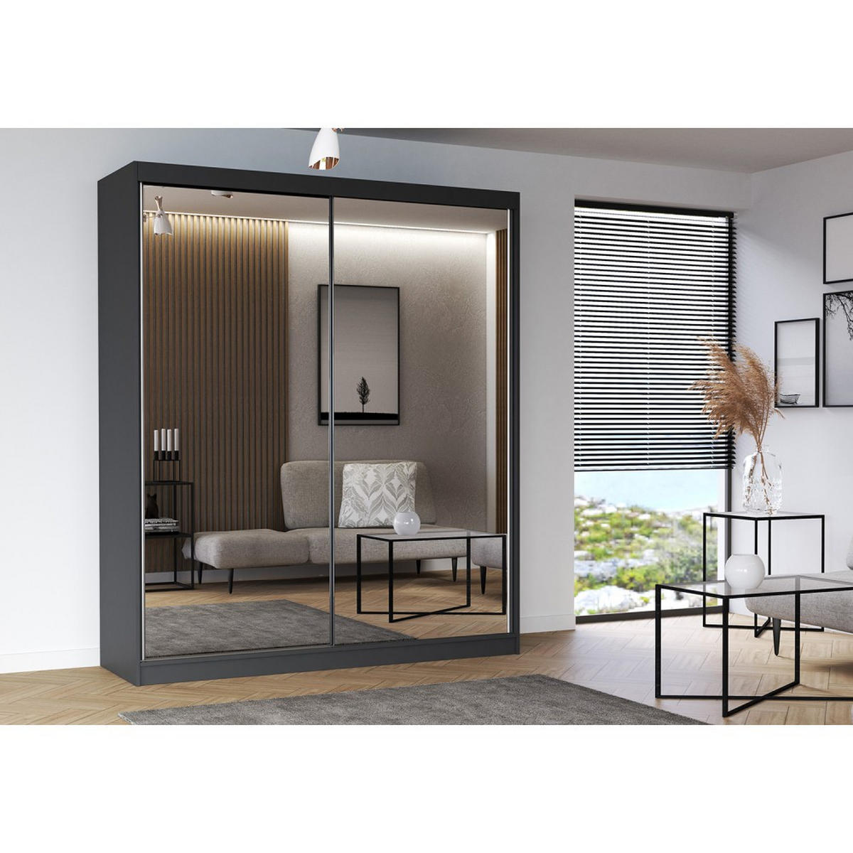 SCHWEBETÜRENSCHRANK Multi 20 Grau/Weiß mit Spiegel, mit LED-Beleuchtung 203 cm - Alufarben/Weiß, Glas/Holzwerkstoff (203/218/61cm) - imoebel24