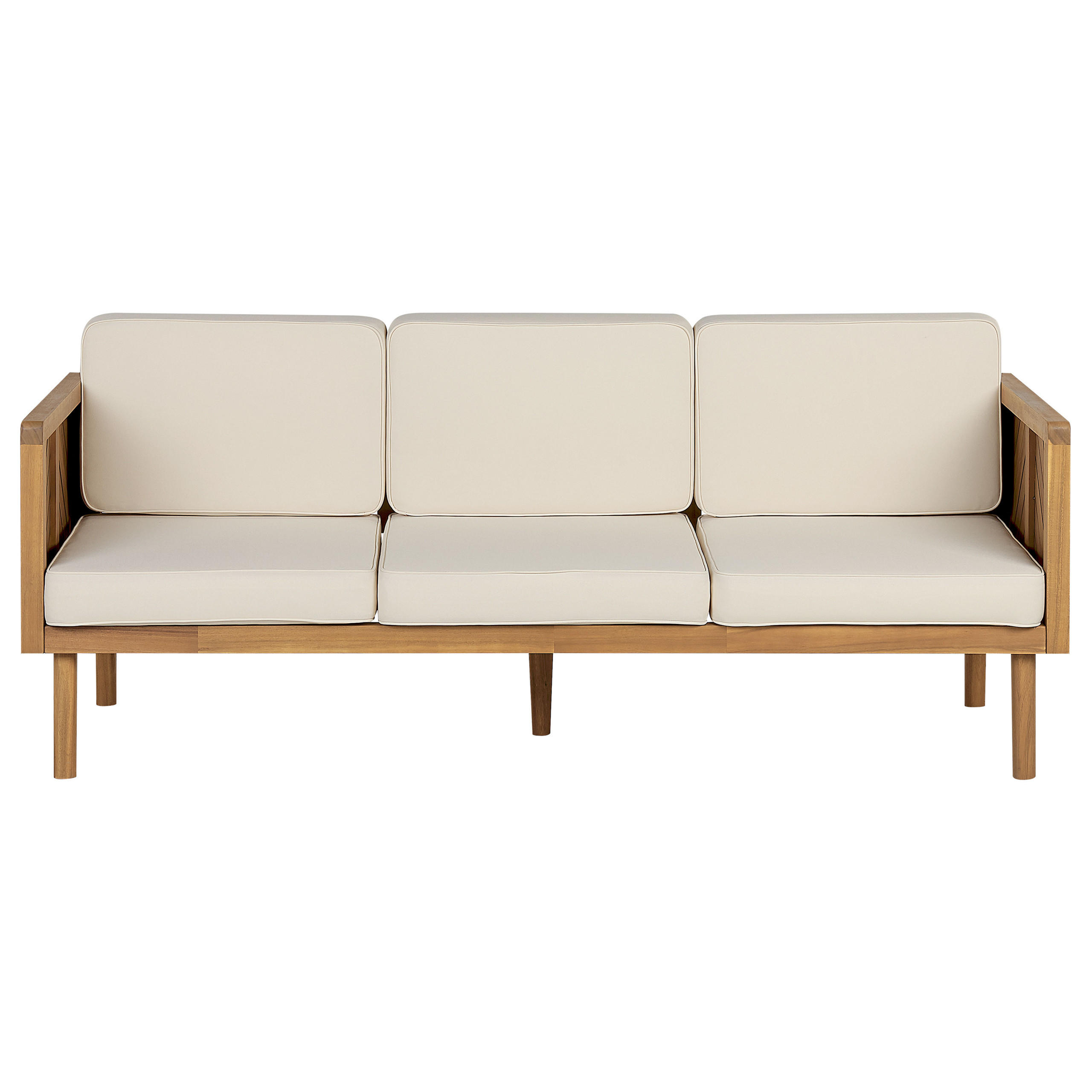 GARTENSOFA 3-Sitzer Akazienholz hellbraun Auflagen creme Baratti - Hellbraun/Weiß, Holz (179/76/65cm) - Beliani