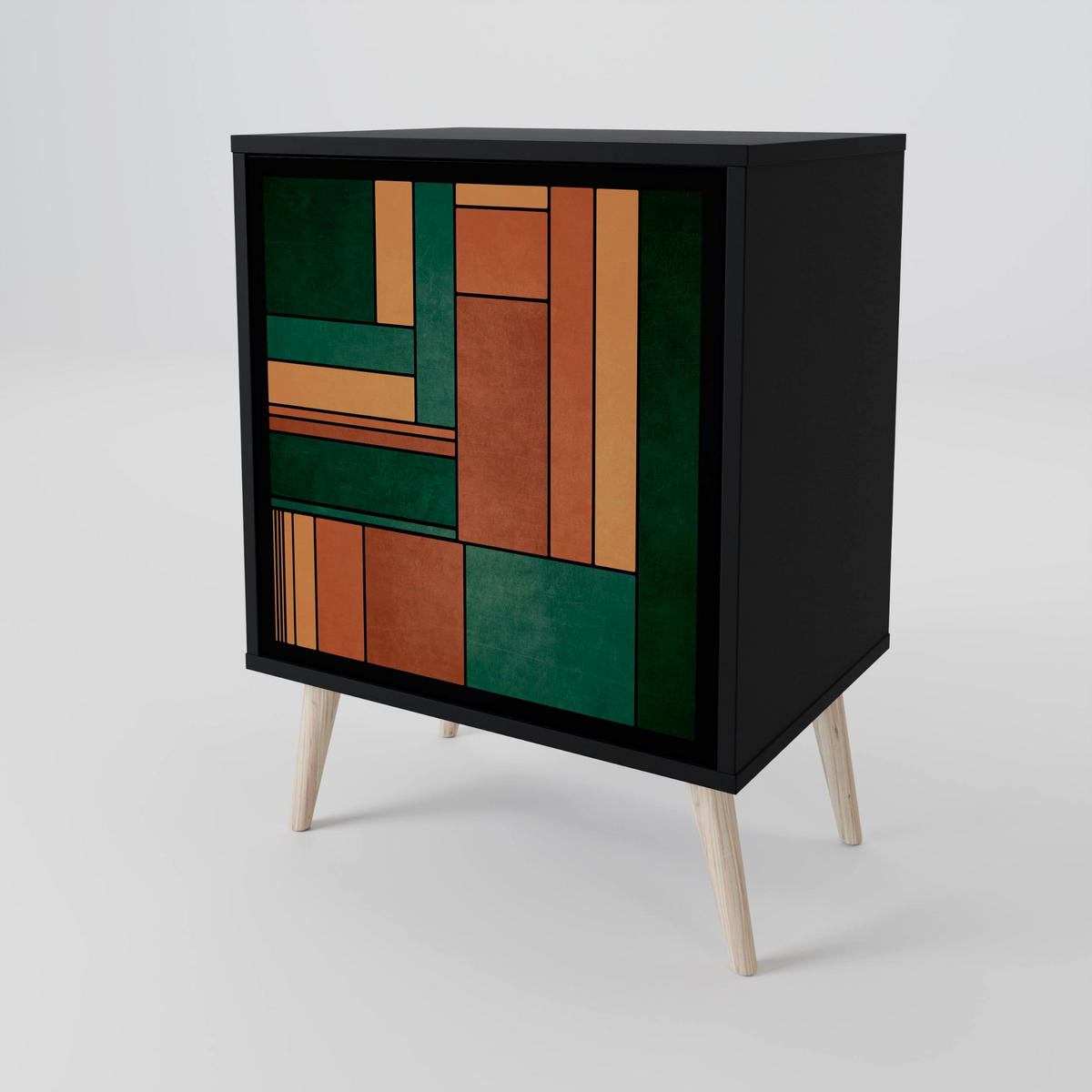 SIDEBOARD EARTHY FIGURES, Schwarz, 57,5x42x70,5 cm, Schwarze Metall-Sternfüße - Multicolor/Schwarz, Holzwerkstoff/Metall (57.5/70.5/42cm) - SpaceRebels