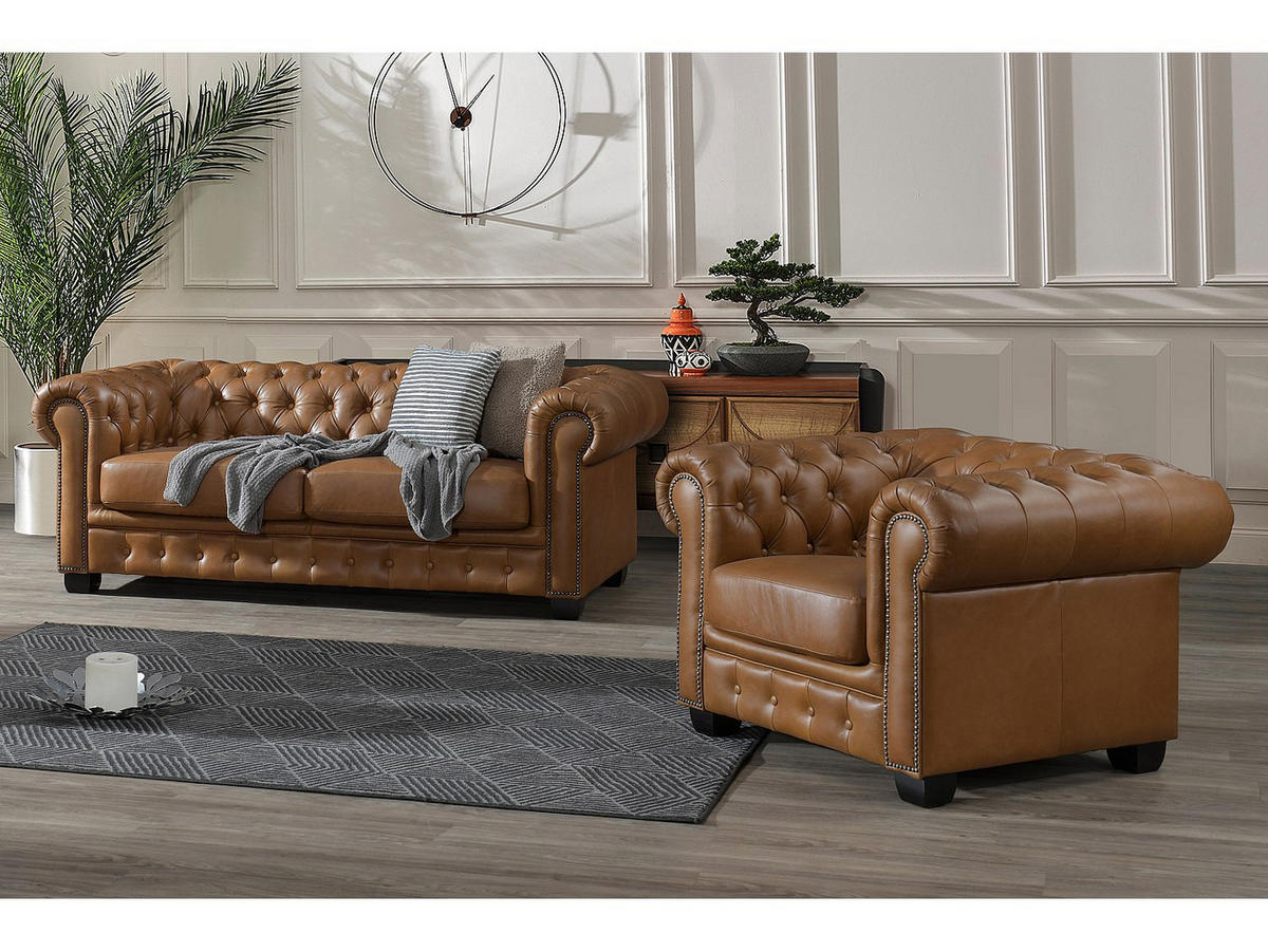 CHESTERFIELD Garnitur 3+1 - Büffelleder - Karamellbraun - BRENTON - Braun, Leder (201/73/96cm) - Vente-Unique