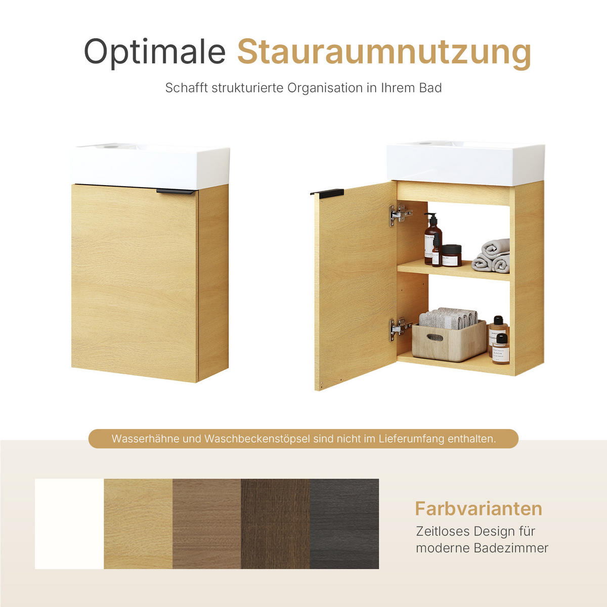 WASCHTISCHKOMBI 41,7 cm Eiche Natur mit Keramik-Waschbecken - Eichefarben/Schwarz, Holzwerkstoff (41.7/64.6/24cm) - EMKE