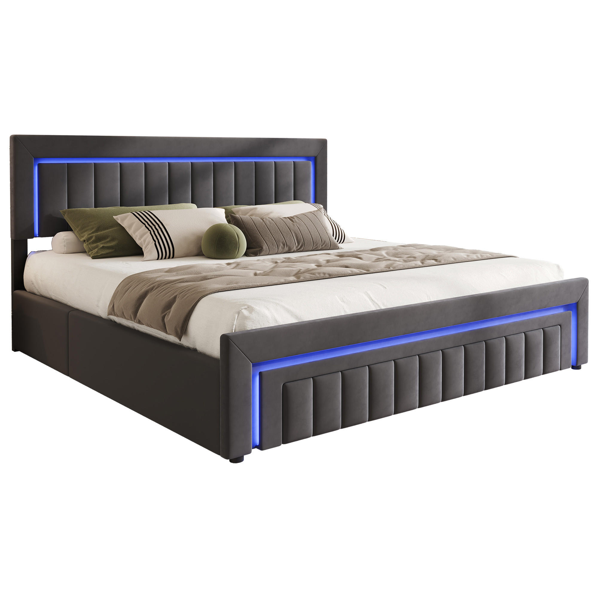 POLSTERBETT 160/200 mit Bettkasten und Schubladen , mit LED, ohne Matratze - Grau, Holzwerkstoff/Textil (160/200cm) - STILVORA