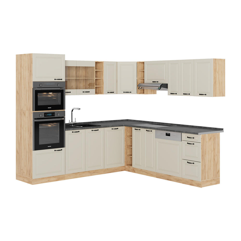 ECKKÜCHE R-Line, Sand Landhaus/Goldkraft Eiche, 247 x 237 cm - Honigeiche/Beige, Holzwerkstoff (247/206.8/60cm) - Vicco