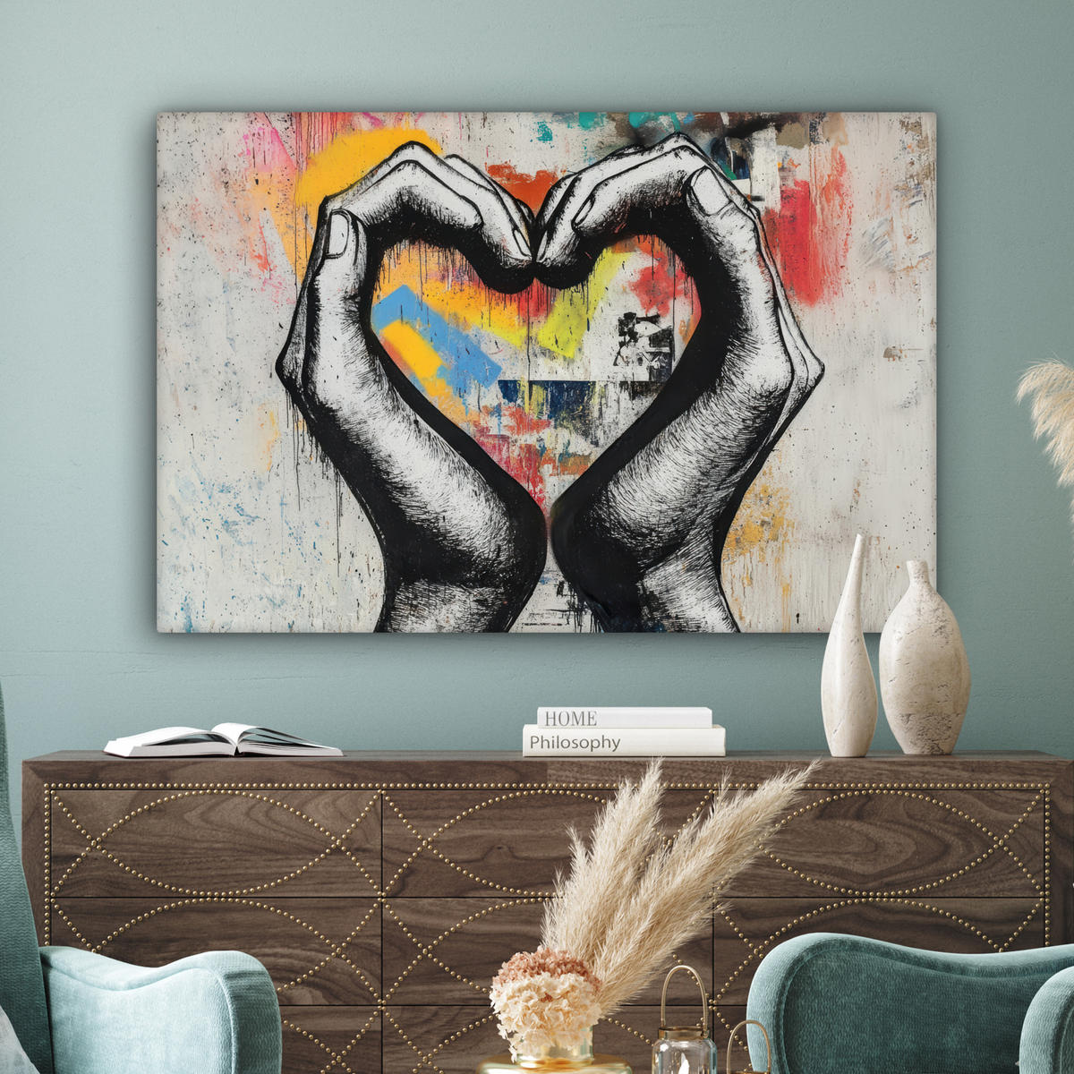 OBRAZ NA PLÁTNE Ruky - Srdce - Street art - Graffiti 150x100 cm - viacfarebná, textil (150/100cm) - MuchoWow