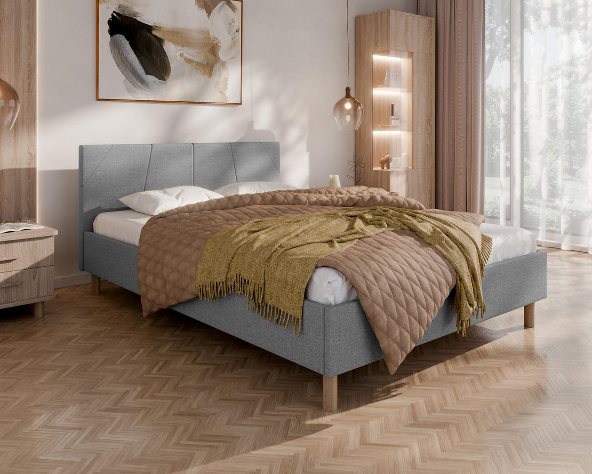 POLSTERBETT ALMORE 140x200cm Elegantes Polsterbett für modernen Wohnstil , 7-Zonen-Taschenfederkernmatratze CIRA (24 cm), hellgrau-2 - Blaugrau, Holz (140/200cm) - Homesy
