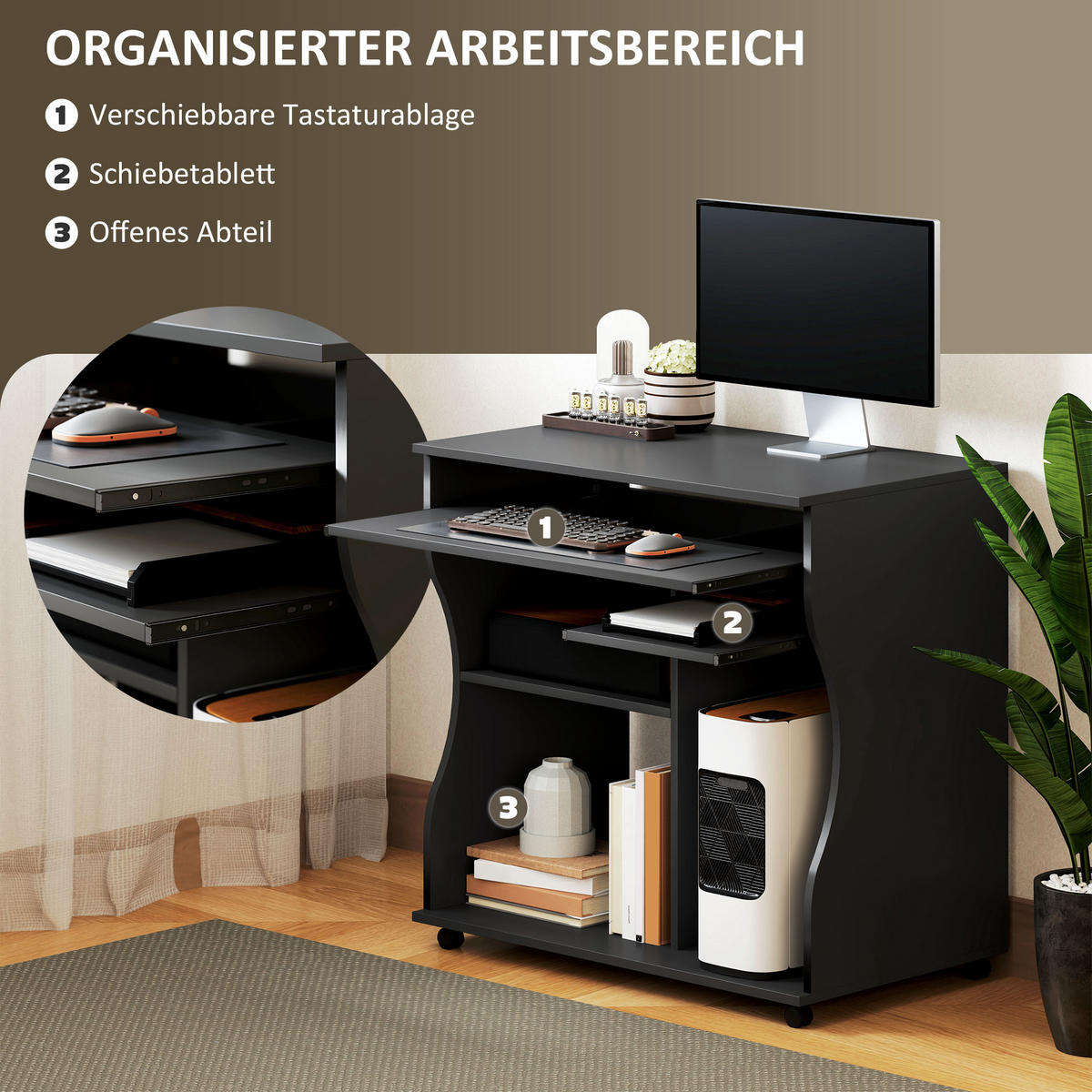 COMPUTERTISCH mit Rollen, Schwarz 80 x 48 x 75 cm - Schwarz, Holz (48/80/75cm) - HOMCOM