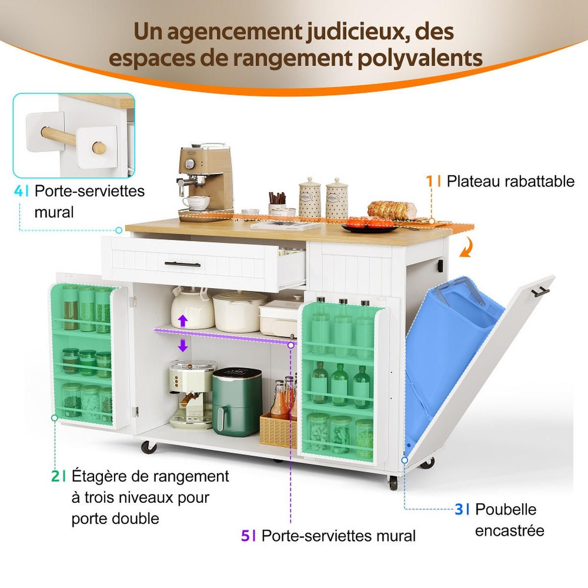KÜCHENINSEL KLAPPBARE ARBEITSPLATTE, Mülleimerschrank, MDF, 130/70/93 cm - Weiß, Kunststoff (70/93/130cm) - Rolipo