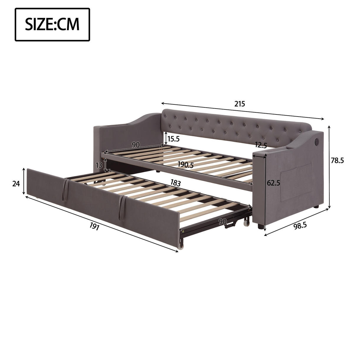 POLSTERBETT 90/180 cm Dunkelgrau aus Samt mit Stauraum und USB- und Type-C-Anschlüssen - Dunkelgrau, Textil (90/190cm) - OKWISH