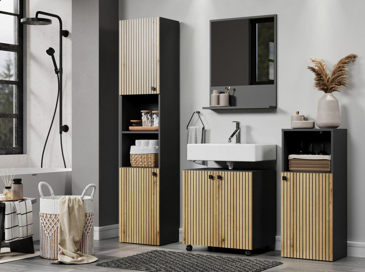 WASCHBECKENUNTERSCHRANK Evoke Eiche, grau 60 cm, Badschrank auf Rollen - Eichefarben/Anthrazit, Holzwerkstoff/Metall (60/64/42cm) - Top.Furn