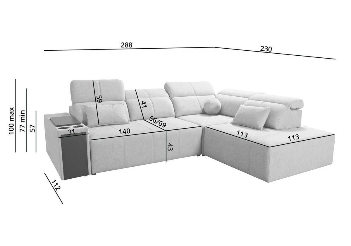 ECKSOFA Mindy VII mit Schlaffunktion und verstellbarer Rückenlehne, Stoff Verita Hellgrau Links - Hellgrau, Holz/Textil (230/288cm) - Kaiser Möbel
