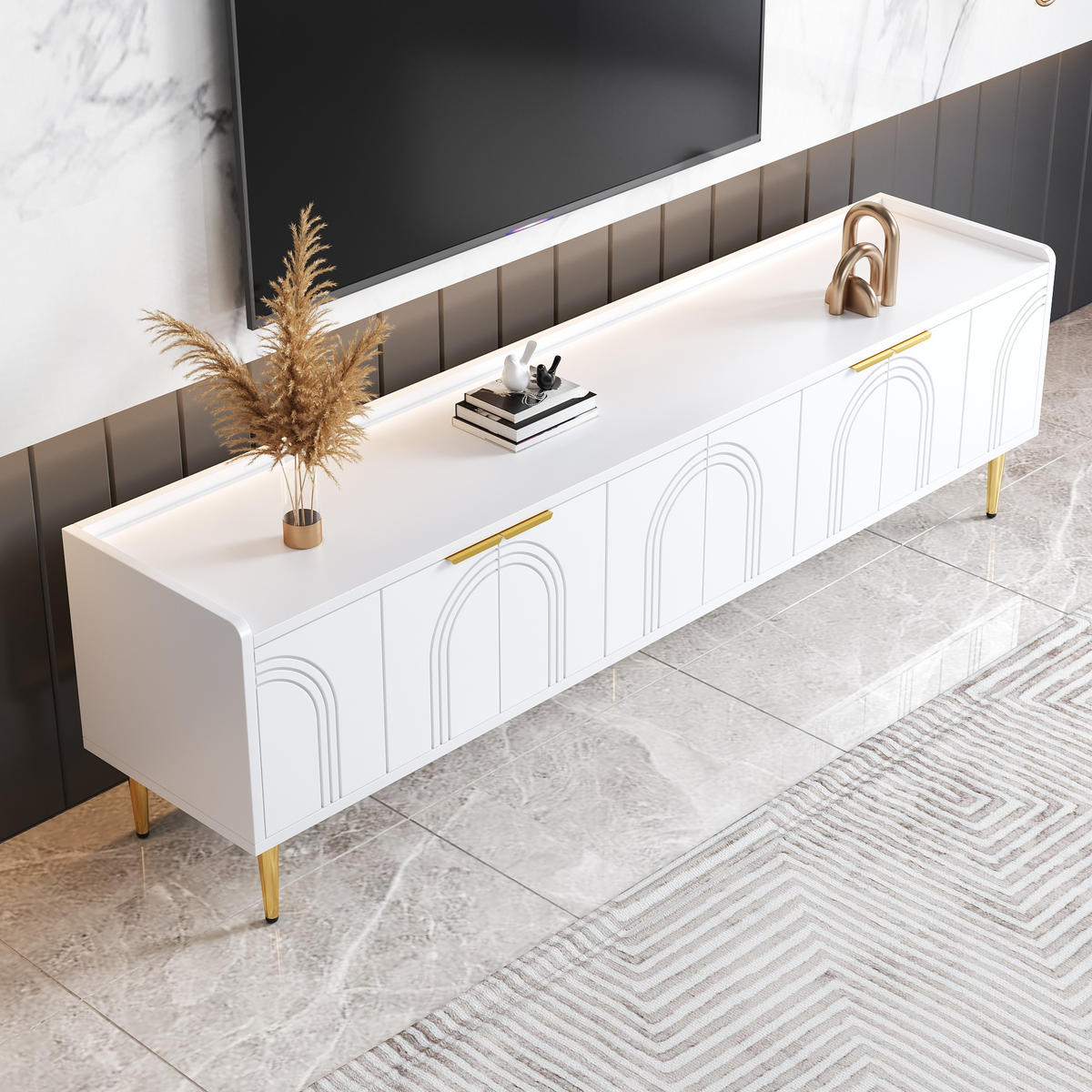 TV-SCHRANK in Weiß mit 3D-Türen und goldfarbenen Griffen 170/35/47.5 cm - Weiß, Holzwerkstoff (170/47.5/35cm) - Redom