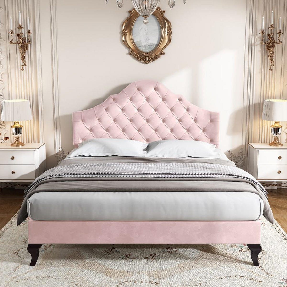 POLSTERBETT 140/200 cm in Rosa Samt,Höhenverstellbares - Pink, Holz/Textil (140/200cm) - KOMHTOM