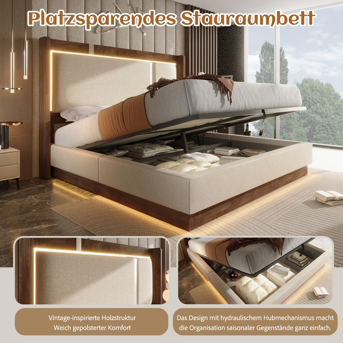 POLSTERBETT 140/190 cm aus Leinen und Holz mit LED und Bettkasten Beige - Beige, Textil (140/190cm) - Modenvie