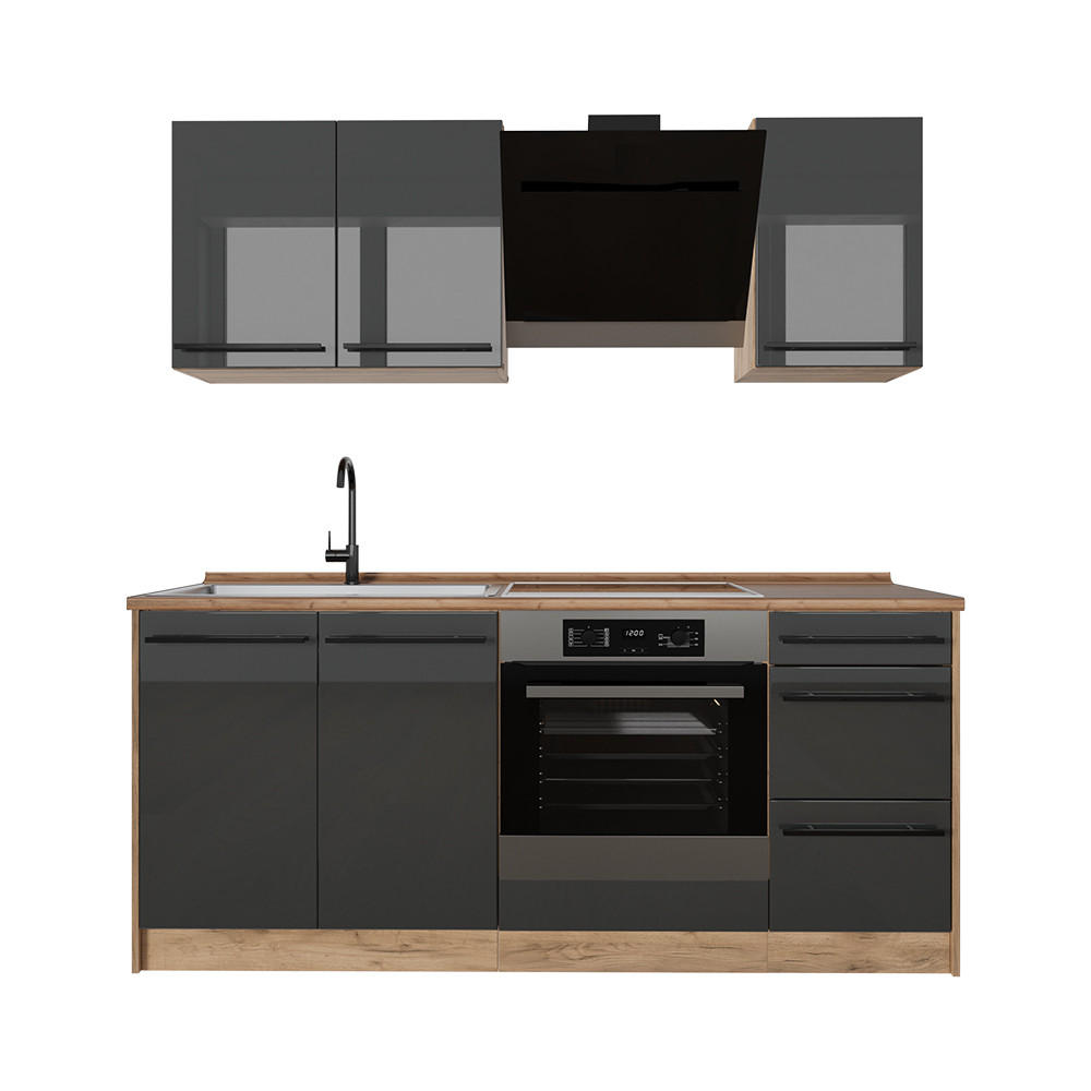 SINGLEKÜCHE R-Line, Anthrazit Hochglanz/Goldkraft Eiche, 180 cm ohne Arbeitsplatte - Honigeiche/Schwarz Hochglanz, Holzwerkstoff (180/206.8/46cm) - Vicco