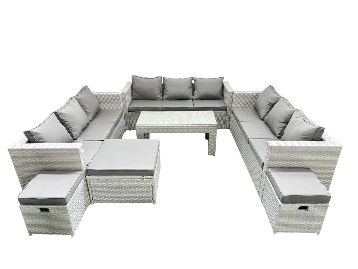 BALKONMÖBEL-SET Polyrattan Hellgrau-Mix 12-teilig - Hellgrau/Grau, Glas/Kunststoff - Fimous