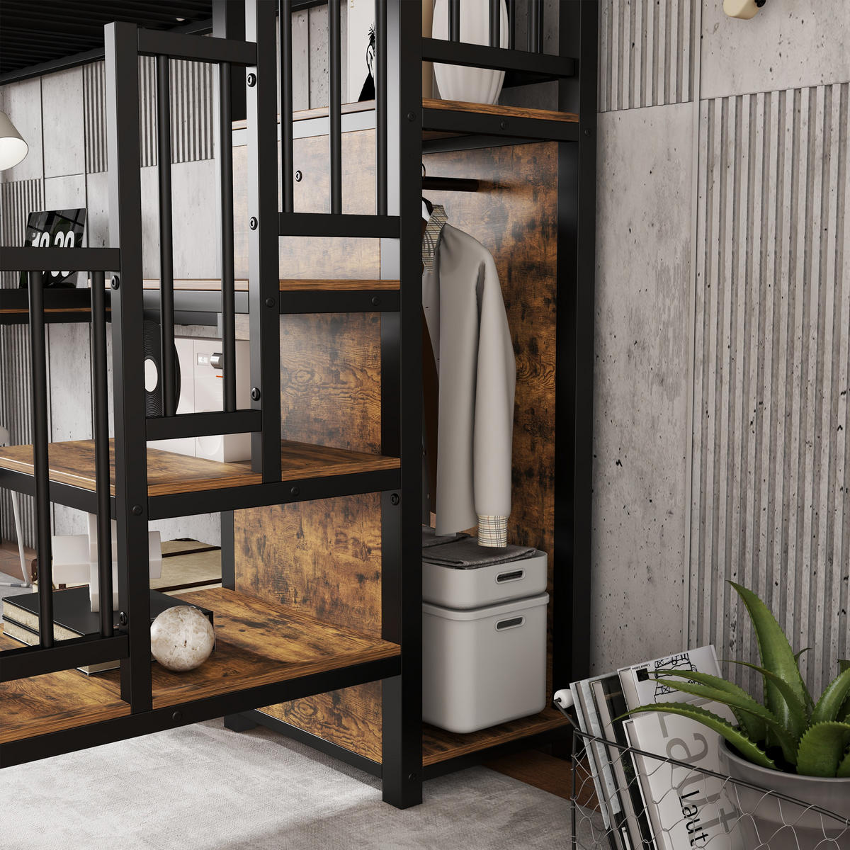 HOCHBETT 90/200 cm Schwarz mit Kleiderschrank und seitlicher Treppe aus Holz - Schwarz, Holzwerkstoff (90/200cm) - OKWISH
