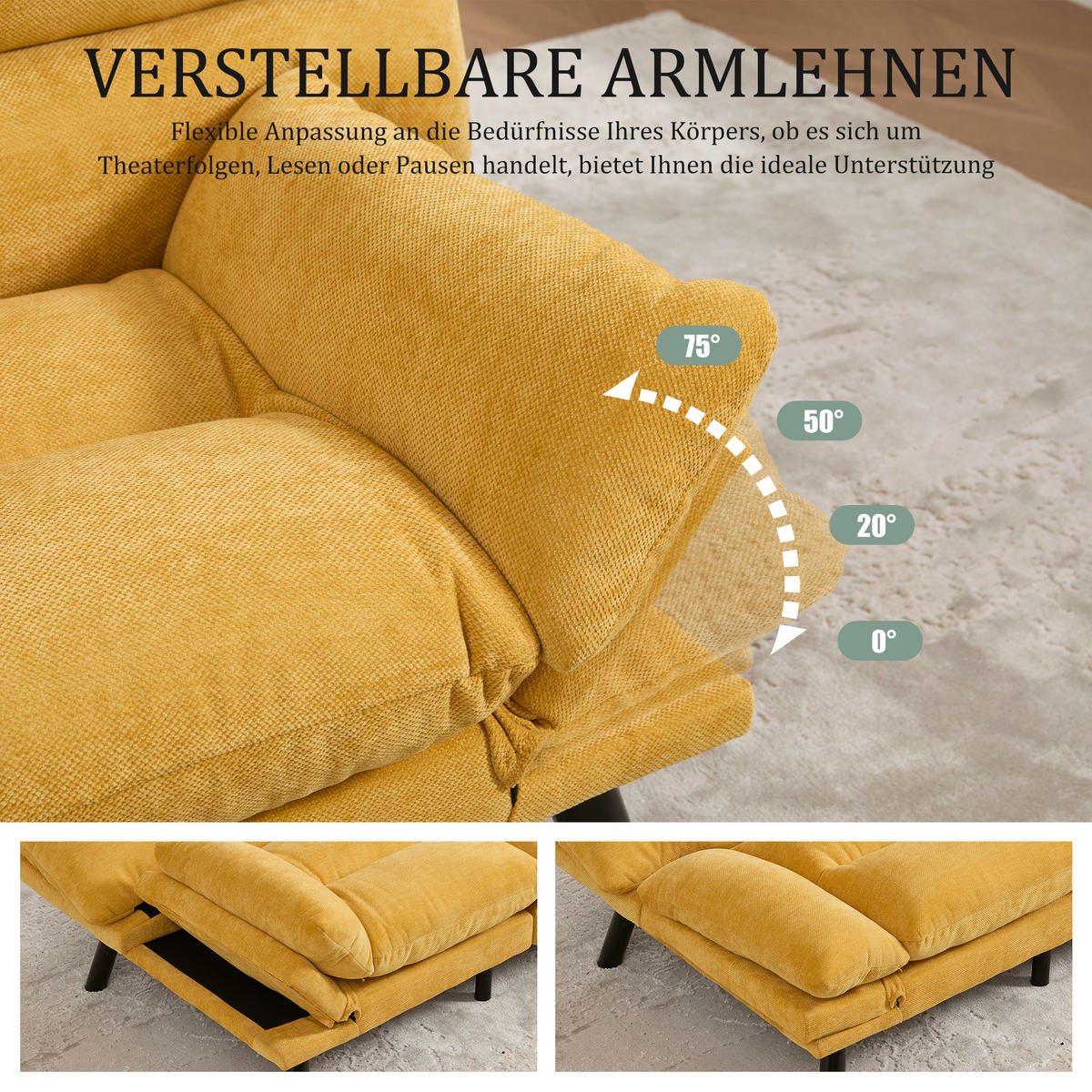 2-SITZER Schlafsofa Chenille mit verstellbarer Rückenlehne Senfgelb 165/90/76 cm - Gelb, Textil (90/76/165cm) - Redom