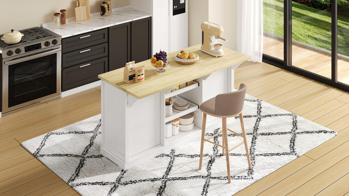 SIDEBOARD mit 5 Schubladen, 2 Ausziehböden und klappbarer Erweiterungsplatte, integrierte Steckdosen, 150/65/75 cm, Weiß und Natur - Weiß, Holzwerkstoff (150/75/65cm) - Redom