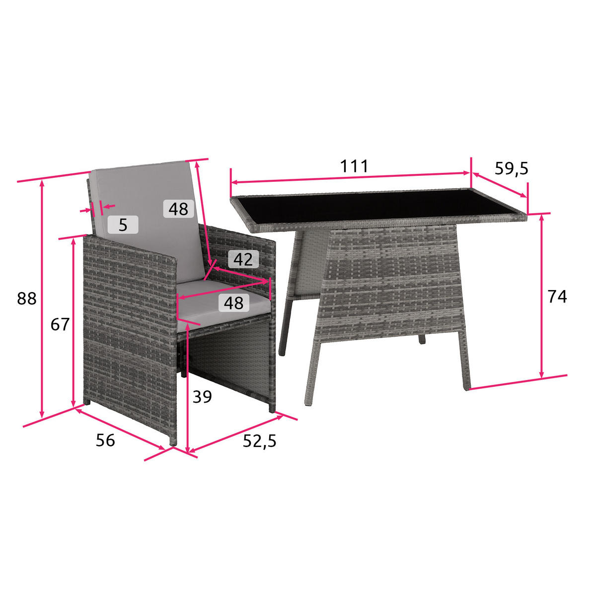 RATTAN SITZGRUPPE Lausanne,zusammenschiebbar,grau - Grau, Kunststoff - tectake