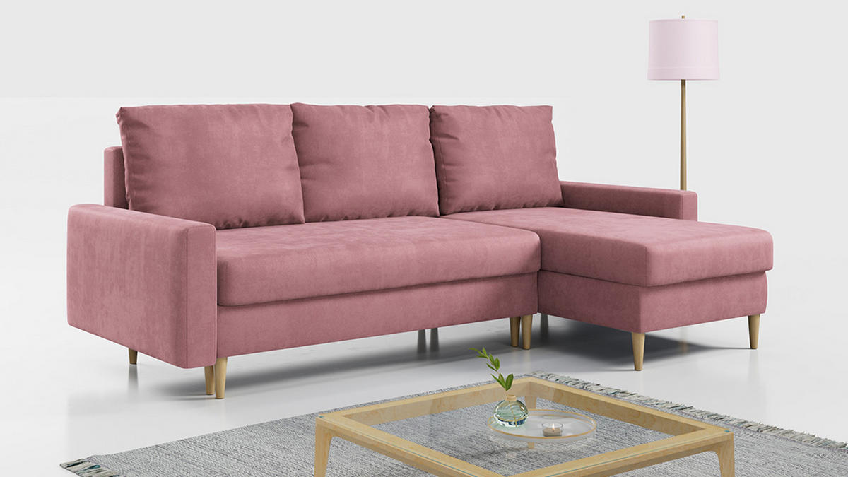 ECKSOFA Lang Velvet Rosa - Rosa/Braun, Holz/Textil (220/140cm) - MKS