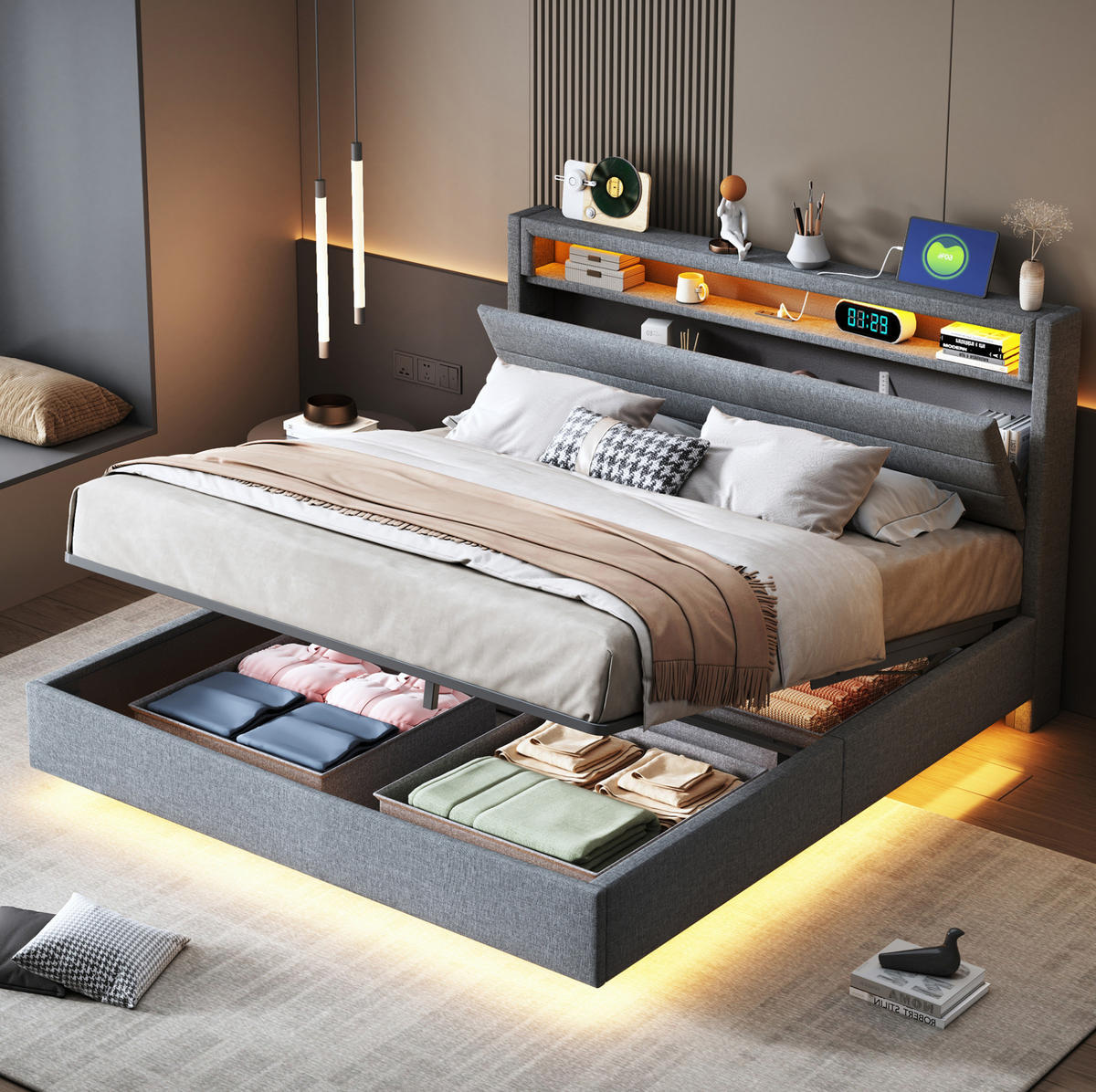 POLSTERBETT 140/200 cm Grau mit Stauraum, LED-Beleuchtung und USB-Anschluss - Grau, Textil (140/200cm) - Flora Grace