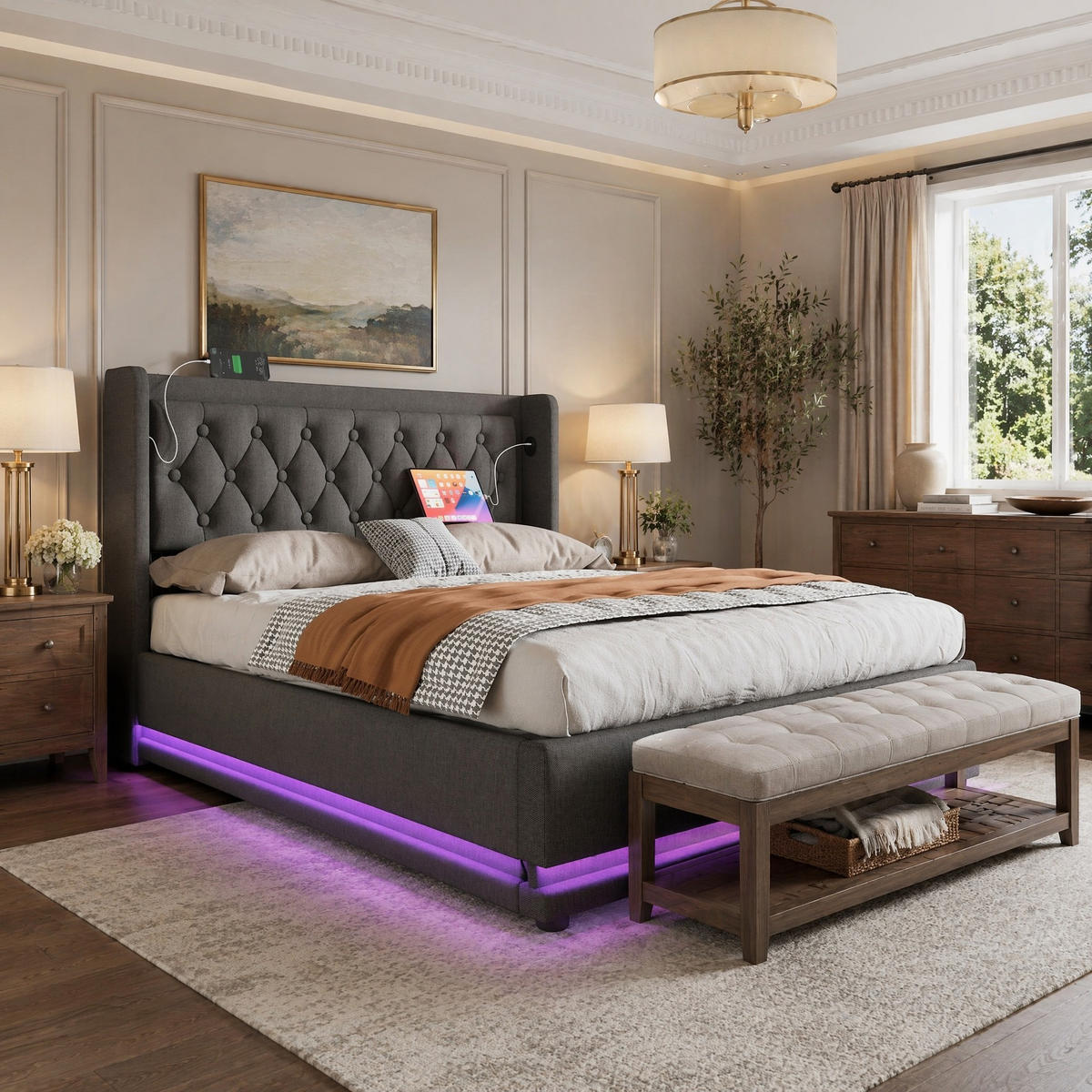 POLSTERBETT 140/200 mit Bettkasten, LED und USB-C-Anschluss in Grau - Grau, Holzwerkstoff/Textil (140/200cm) - EVRYAE