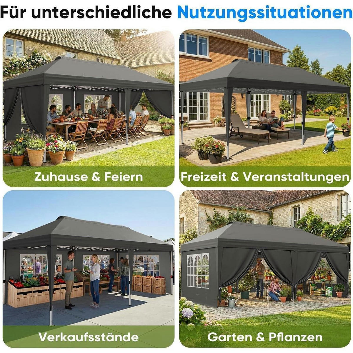 FALTPAVILLON 3x6m mit 6 Seitenwänden Grau Bogenfenster - Grau, Metall (585/285/293cm)