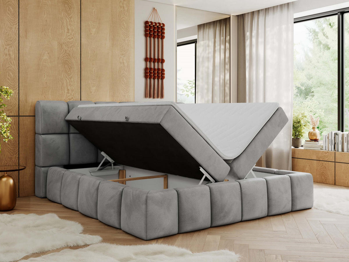 BOXBETT NIRA 200/200 - Hellgrau Velvet - H3 - Hellgrau, Holz/Textil (200/200cm) - MKS