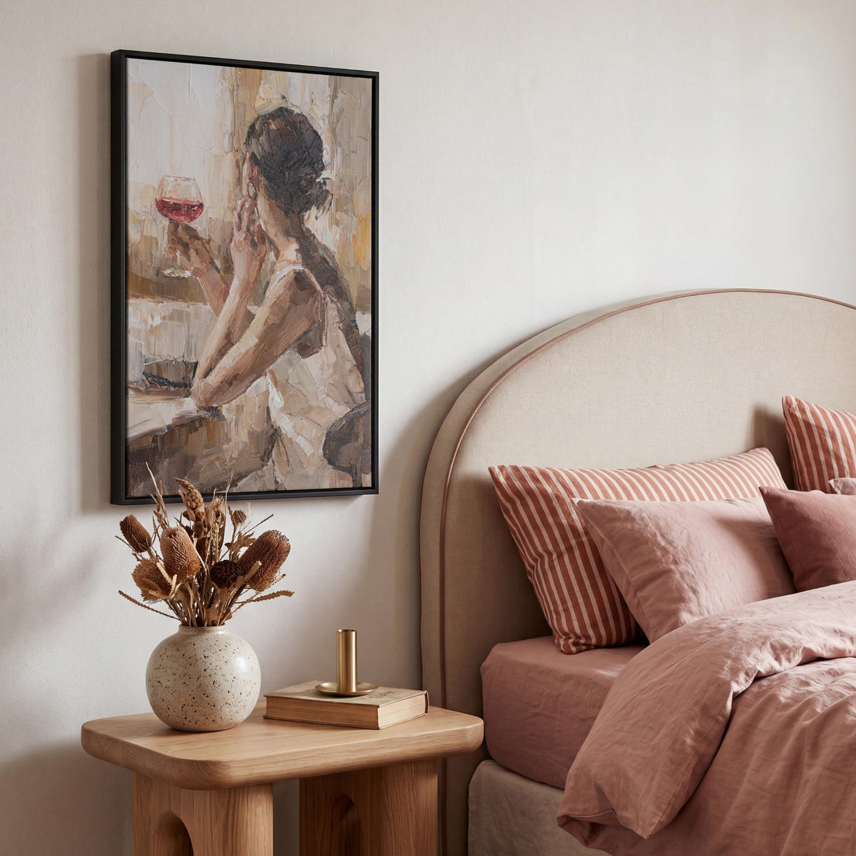 LEINWAND Bilder mit Rahmen - Ölgemälde - Frau - Wein - 40x60 - Hellbraun, Textil (40/60cm) - MuchoWow