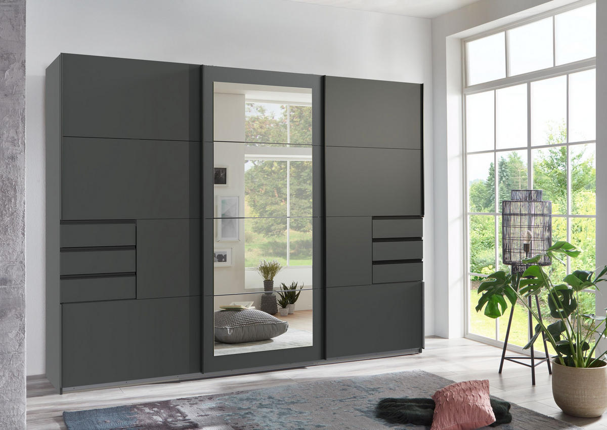 SCHWEBETÜRENSCHRANK 3-türig mit Spiegel, Schubladen, Vollausstattung in Grafit, B270/H208/64 cm / 22501 - Schwarz/Graphitfarben, Holzwerkstoff/Metall (270/208/64cm) - luma-home