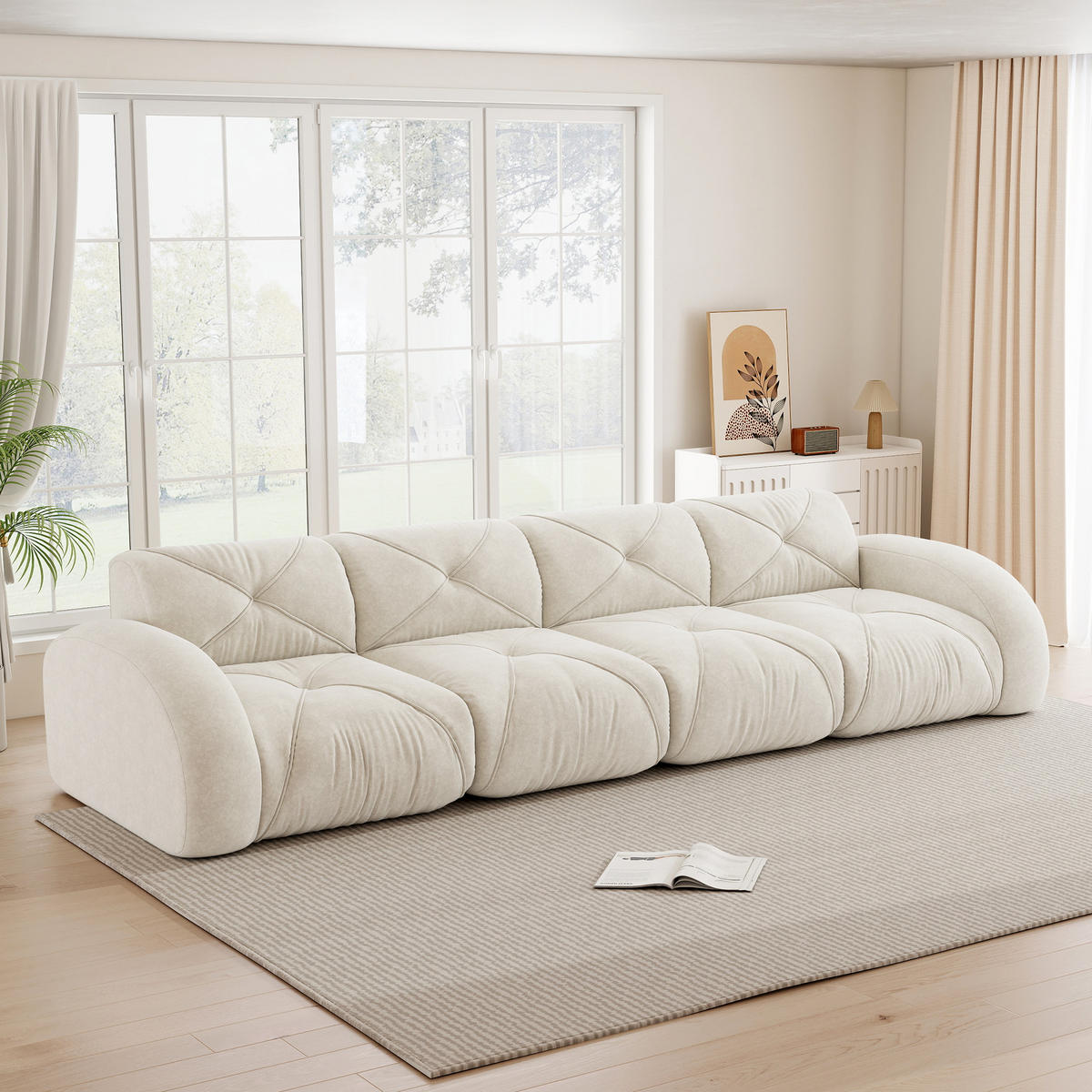 4-SITZER Sofa 358x95x76 cm aus Chenille-Stoff rahmenlos modular, weiß - Weiß, Textil (95/76/358cm) - Luhomfu