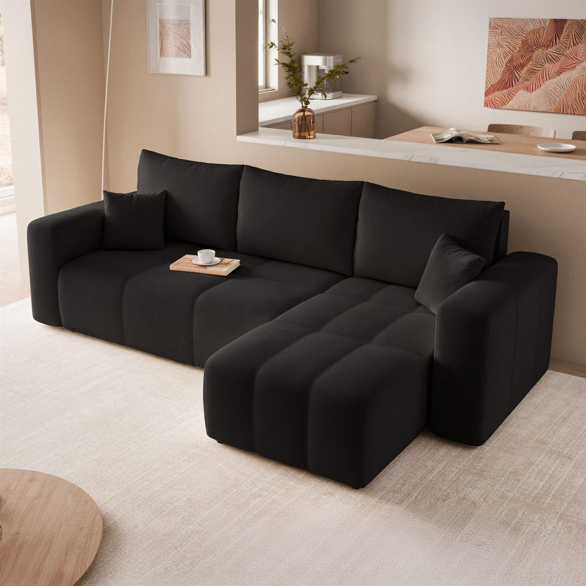 ECKSOFA Leros Mit Schlaffunktion - Schwarz, Holzwerkstoff/Textil (145/248cm) - Fun Möbel