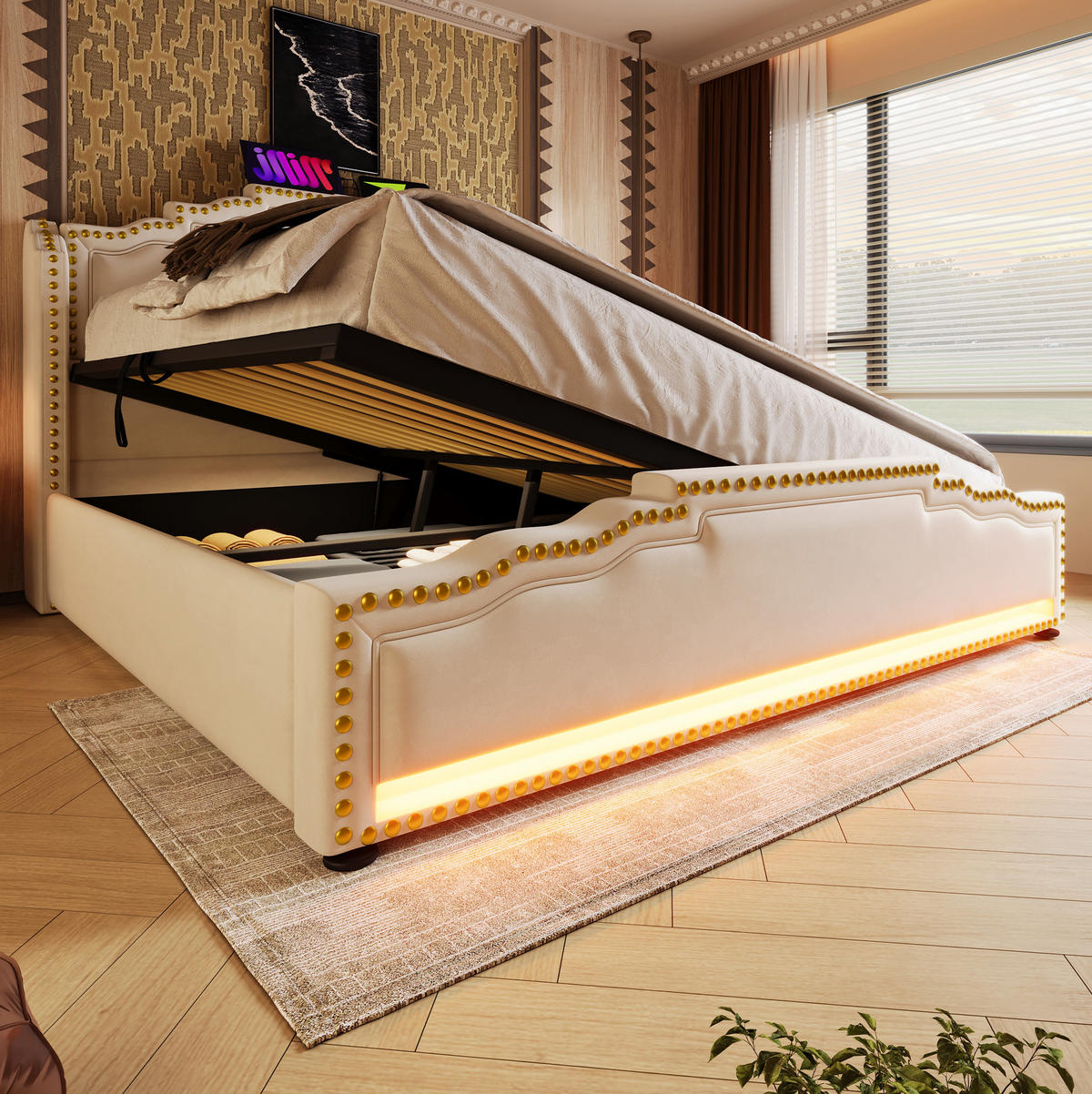 TAPECIRANI krevet od baršuna 140x200 cm bež s LED rasvjetom, USB-C priključkom, hidrauličnim spremištem i madracem - bež, tekstil (140/200cm) - Modfu
