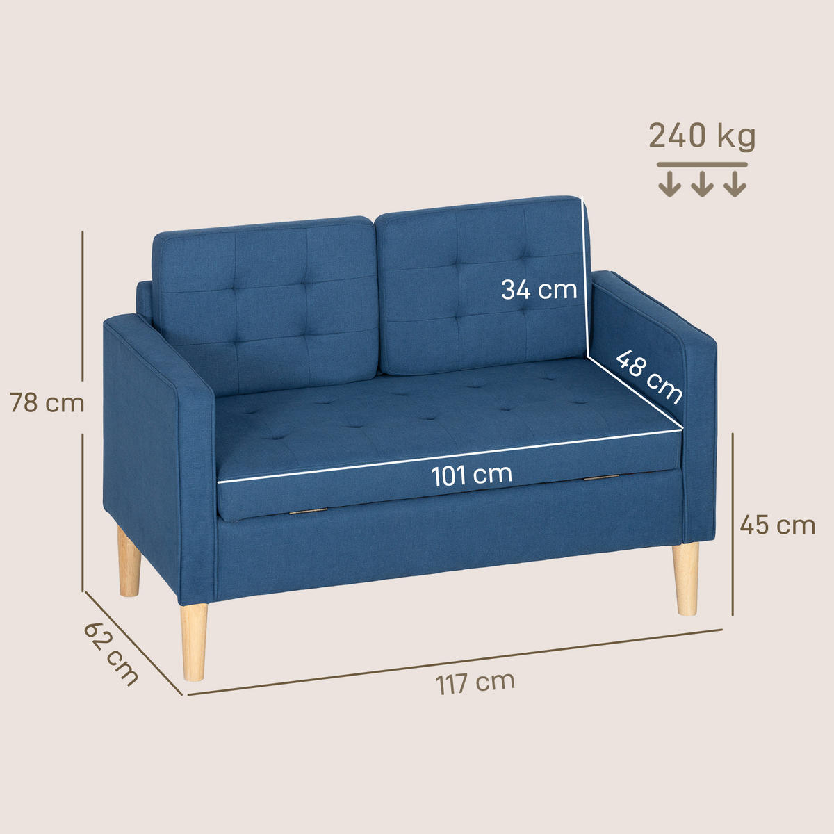 ZWEISITZER-SOFA DE-06501 Knopfheftung, Kautschukholz Blau - Blau, Holz/Textil (117/78/62cm) - ComfortXL