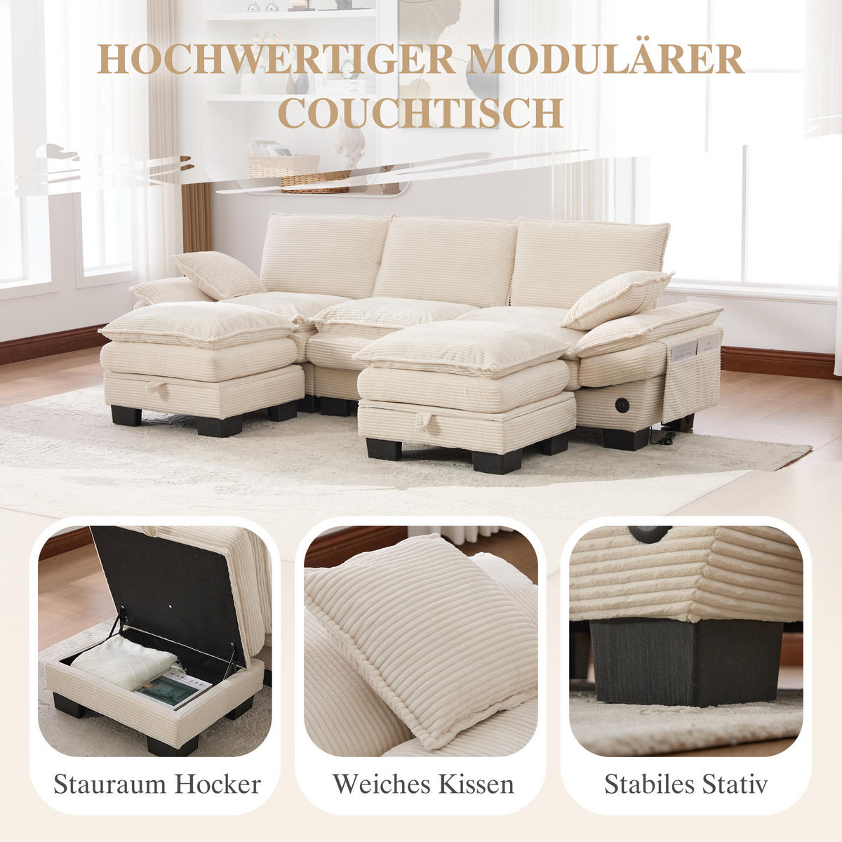 WOHNLANDSCHAFT Cord Beige mit USB-C, Seitentaschen und mit 2 Hocker - Beige, Holzwerkstoff/Kunststoff (260/84/132cm) - WISHDOR