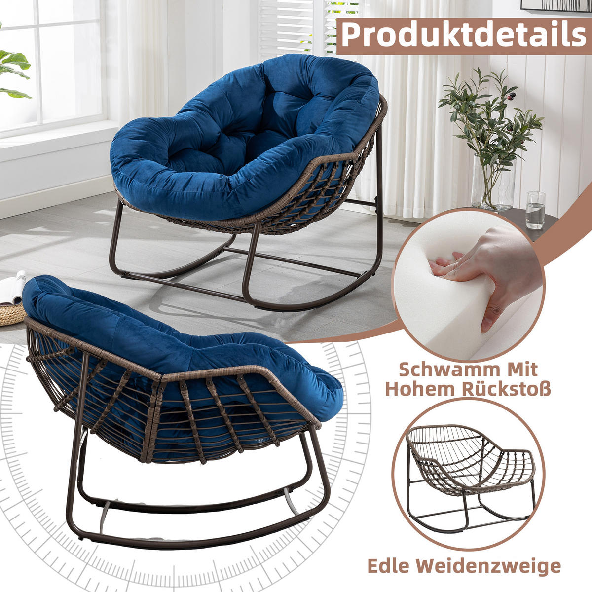 SCHAUKELSTUHL Schaukelsessel Garten,Rattanstuhl mit Stahlrahmen,Blau-Samt - Blau, Metall (94.5/80/111cm) - LVHOM
