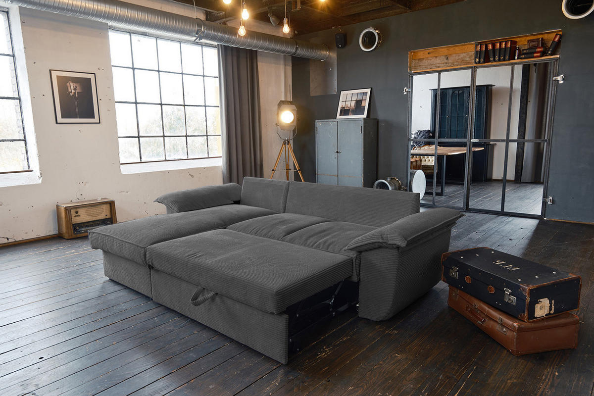 ECKSOFA DAMETO Grau Cord - Schwarz/Grau, Kunststoff/Textil (266/174cm) - KAWOLA