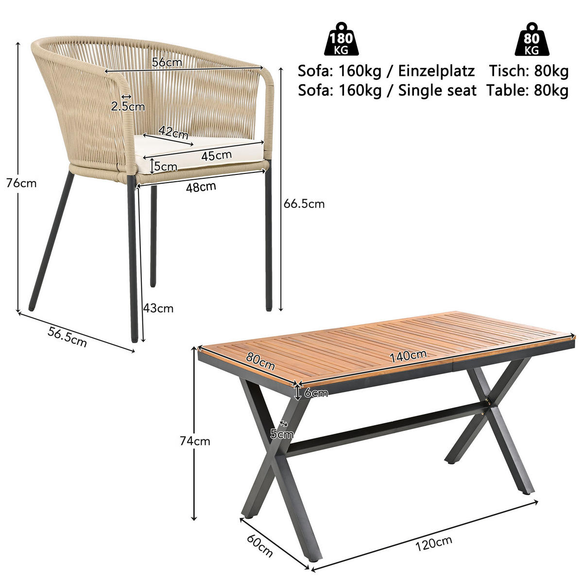 GARTENSET 7-TEILIG 6 Sessel 1 Tisch Seil & Akazienholz Kissen waschbar - Beige, Metall - FLIEKS