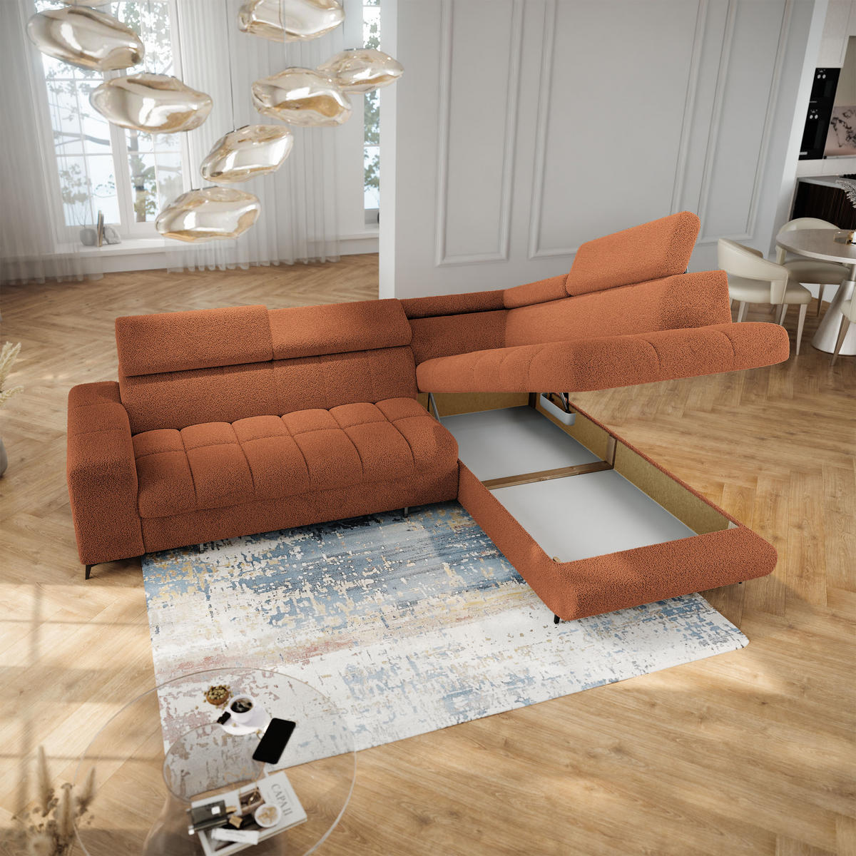 ECKSOFA MORIVA Q R-S Orange Boucle-Stoff mit Schlaffunktion - Orange, Holzwerkstoff/Textil (253/190cm) - MASSENO